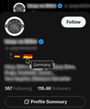 An X hover card with a German flag and the word Germany added below the handle
